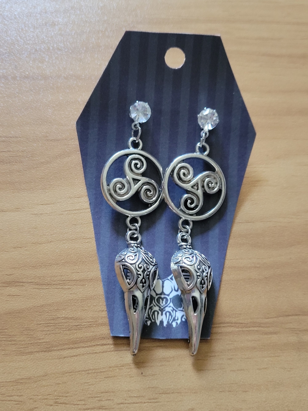 💀NEW💀Hand Crafted Silver Celtic Triskelion Drop Earrings with Crystal Studs